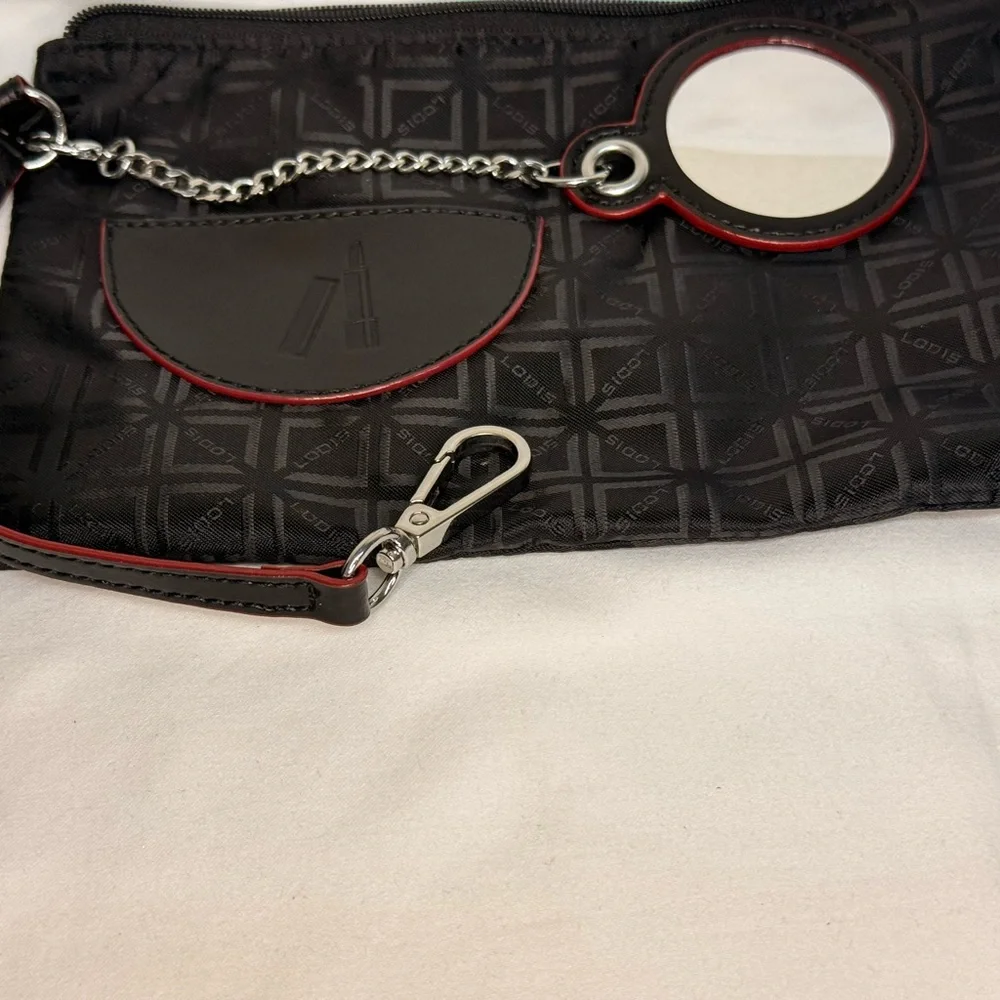 Lodis Black Red Edging Genuine Leather Large Tablet Tote Bag RFID & Cosmetic Bag